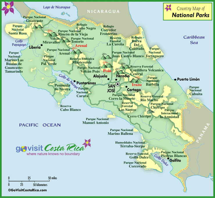 Karta over costa ricas nationalparker